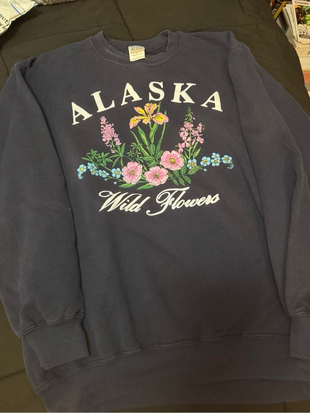 Gildan Navy Crewneck Sweatshirt with Colorful Alaska Wildflower Graphic